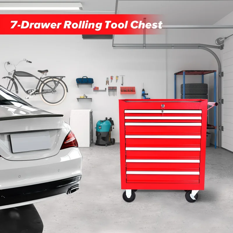 7 drawer mobile metal toolbox with wheel - High safety locking mechanism, high strength cold rolled steel, robust safety tool ca