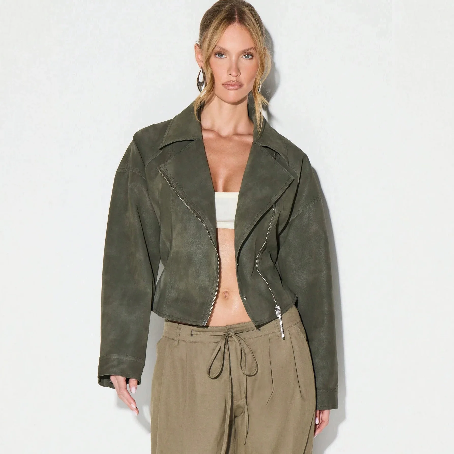 2026 stand-up collar imitation suede locomotive jacket women's oblique zipper belt short tooling jacket