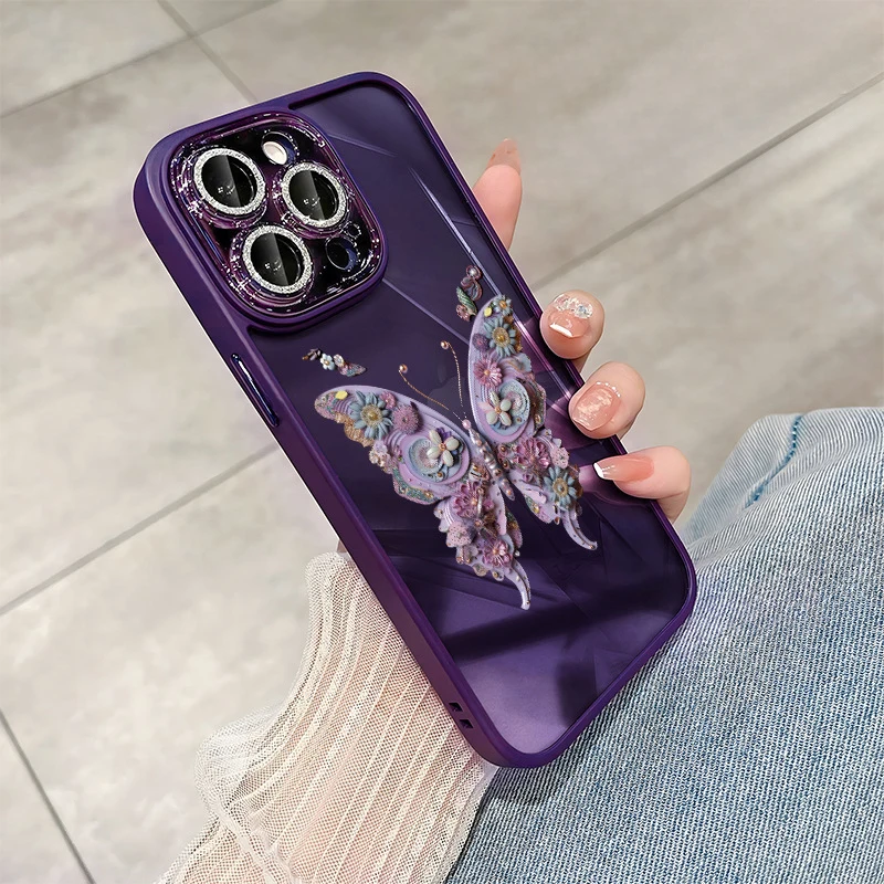 Butterfly Painted Clear Phone Case For iPhone 15 14Plus 13 12 11Pro Max With Glitter Lens Film Anti-fall Protective Cover Fundas