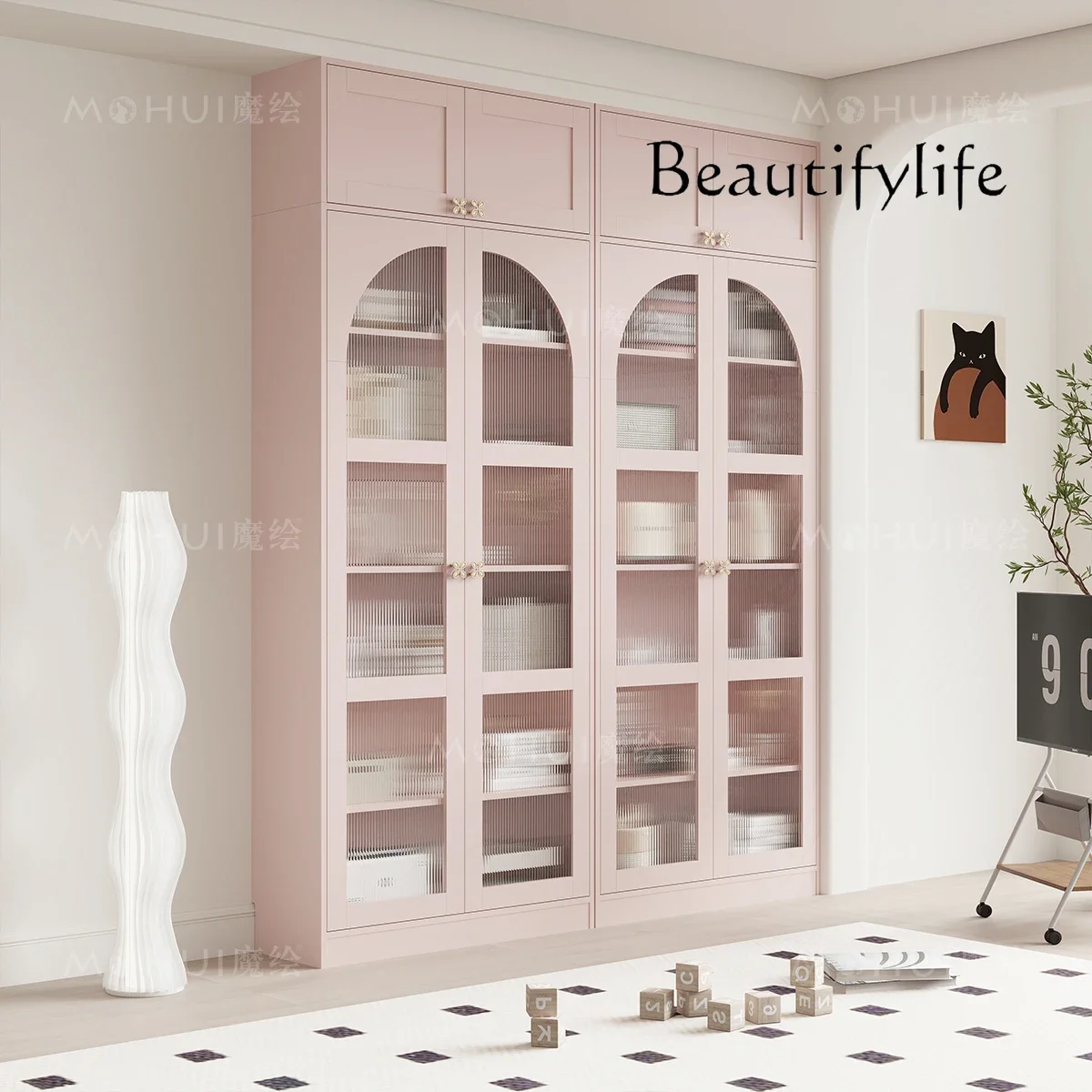 Cherry Blossom Powder Solid Wood Simplicity Bookcase Ins Display Cabinet Made of Glass Living Room