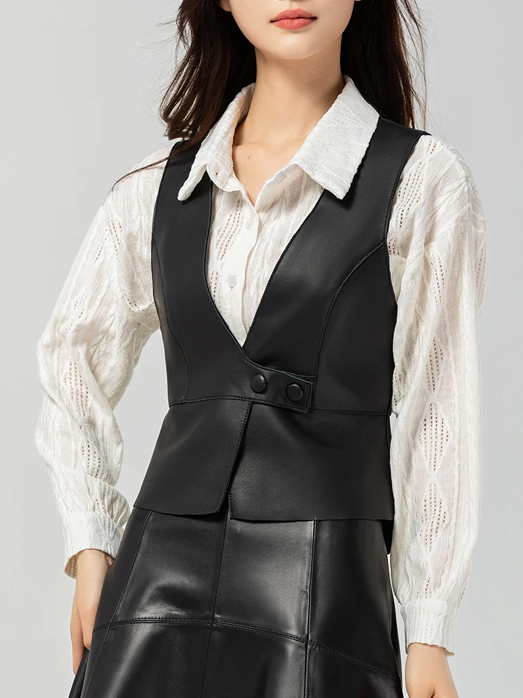 패셔너블한 천연 양가죽 조끼 여성용 가을 겨울 슬림핏 V넥 아우터웨어 출퇴근용 단추 하나 순색