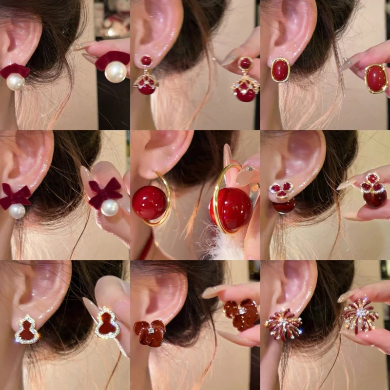 Newly Popular Red Pearl Earrings Simple Fashionable Versatile Daily Use Light And Luxurious With A Festive Atmosphere Grand Gift