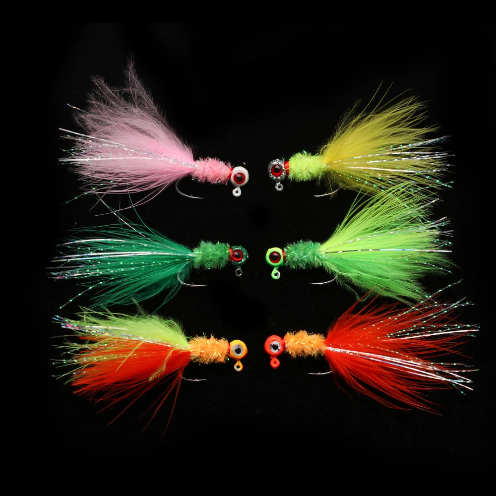 6PCS Multi Colors Marabou Crappie Jig Head Hooks Ice Fishing Panfish Bluegill Trout Walleye Fishing Lure Hook