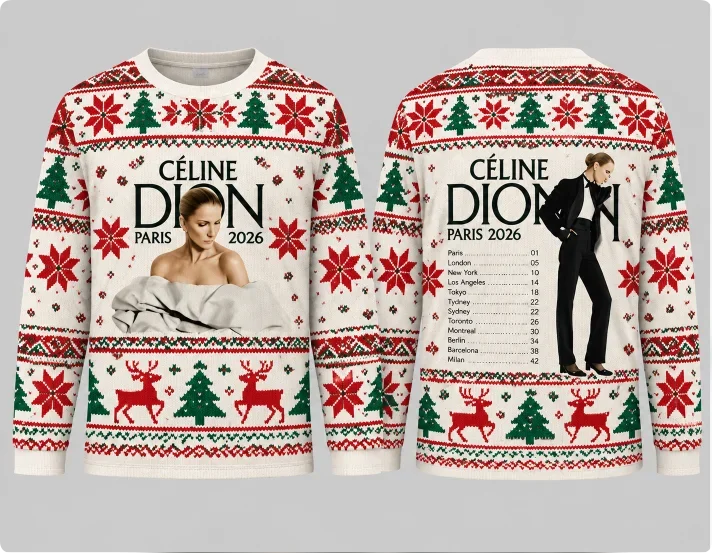 Celine Dion 2026 Tour Christmas Ugly Sweater Christmas Tree reindeer print long sleeved top