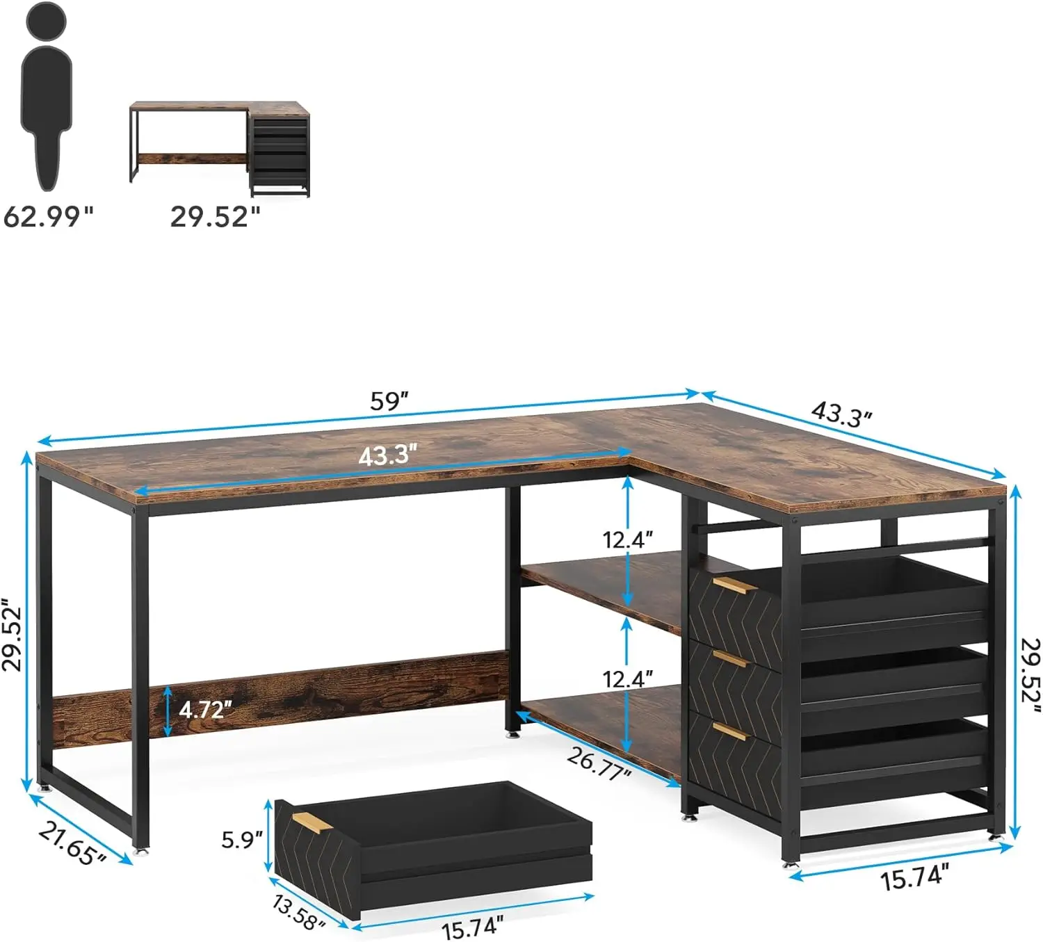 Tribesigns L Shaped Computer Desk with Storage Drawers, 59 inch Corner Desk with Shelves, Reversible L-Shaped Office Desk Study