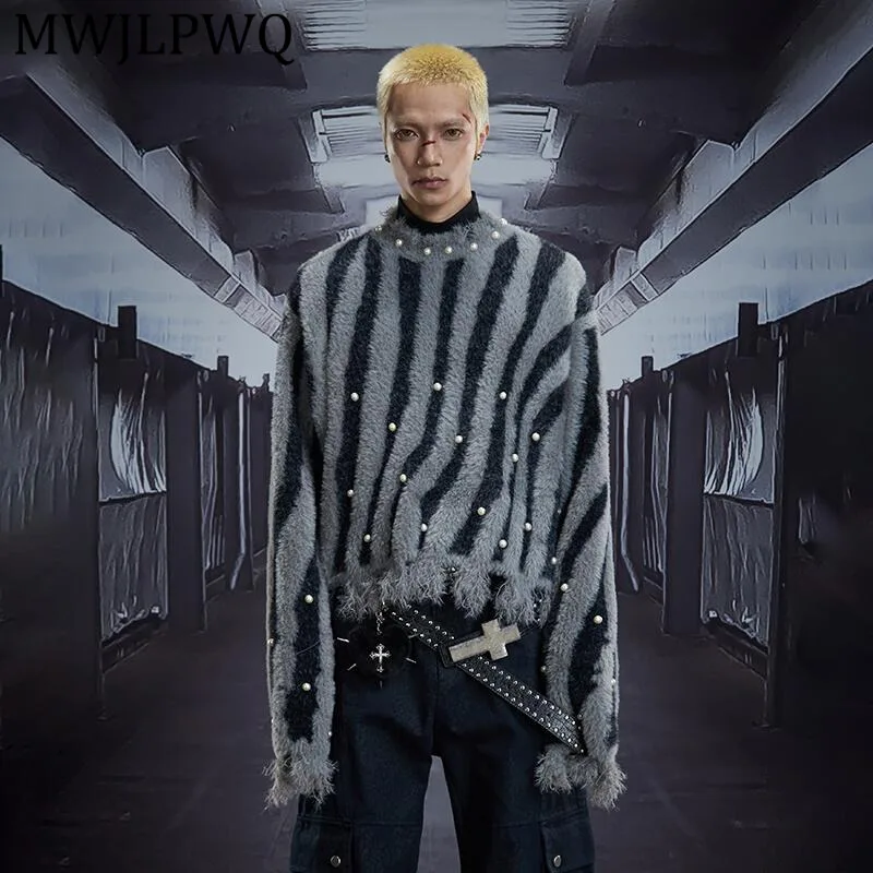 

MWJLPWQ Beaded Design Color-Block Frayed Short Sweater Men's High Street Long Sleeve Round Neck Loose Knitted Casual Tops 12984