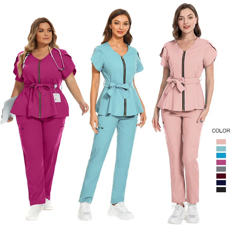 Women Scrubs Set Zipper Collar Beauty Clothes High Quality Anti Wrinkle Medical Uniforms Soft Comfortable Fashion Nurse Workwear