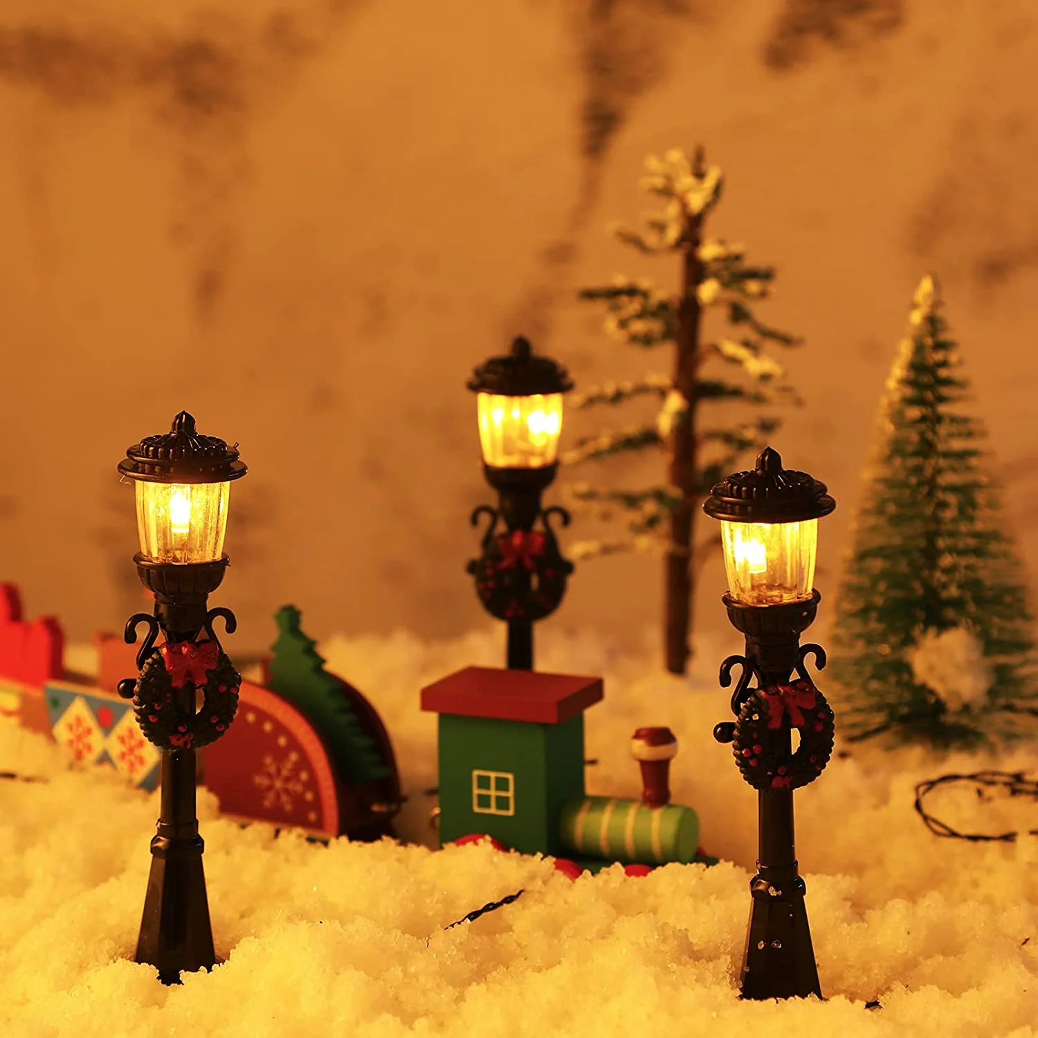 Mini lámpara de Navidad de 4 piezas, lámpara de poste de tren, lámpara de calle en miniatura, luces decorativas para casa de muñecas DIY, camino de Pueblo