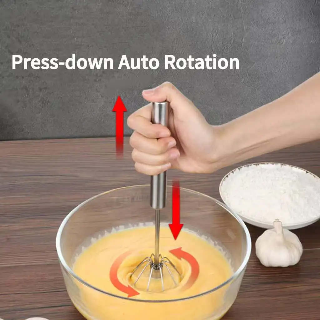 Semi-Automatic Egg Whisk, Stainless Steel Hand Mixer, Press Down to Rotate, No Electricity Needed