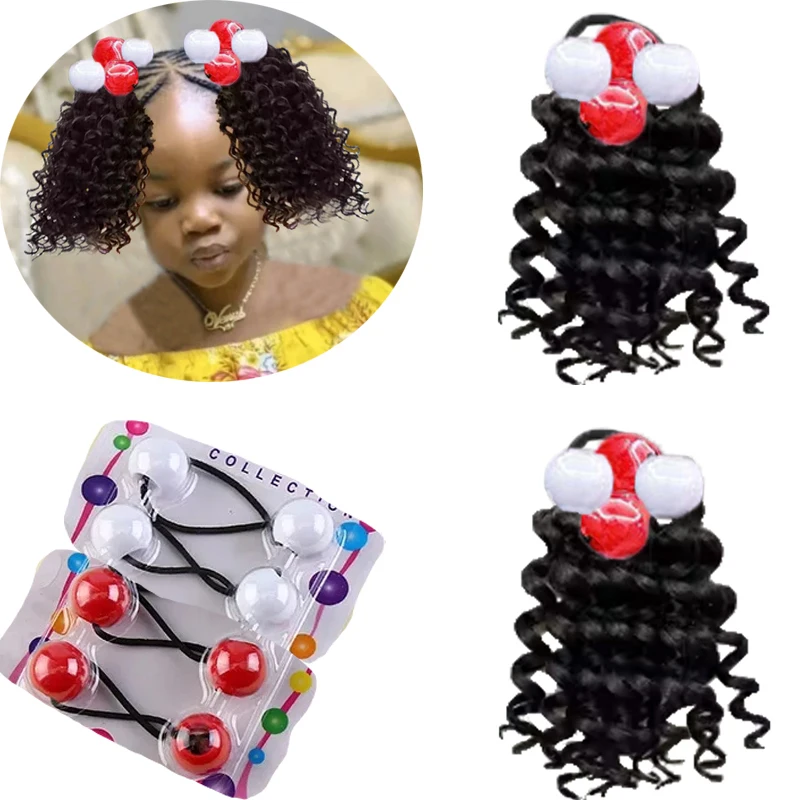 2PACKS Kid's Summer Afro Puff Kids Ponytail Afro Kinky Curly Hair Bun For Kids Natural Black Synthetic Hair 1B Curly-6Inch