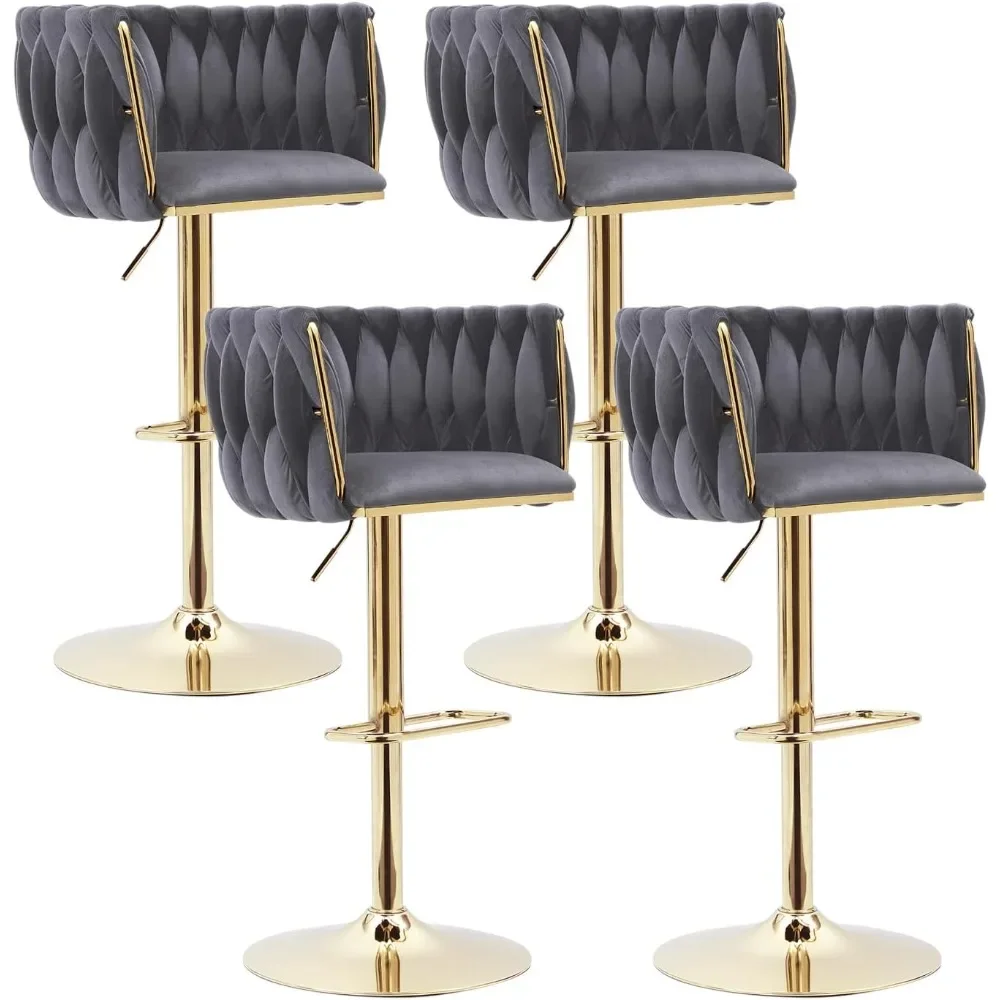 Bar stool 4-piece set - modern adjustable rotating counter height chair with woven backrest, suitable for coffee shops and bars