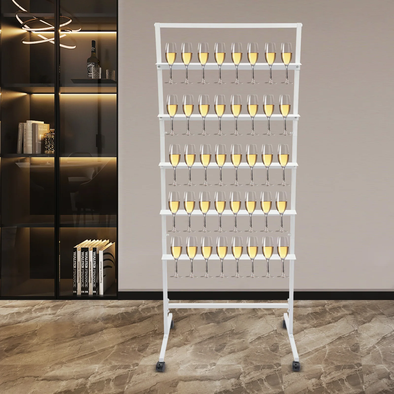 

White Champagne Wine Glass Holder for Party, 5-Tier Metal Champagne Flutes Display Stand, with Swivel Casters