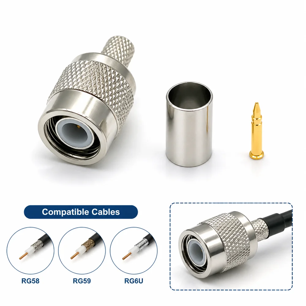 Metal TNC Crimp Connector Kit Crimp Termination Threaded Coupling RF Coax Connector Silver Three Piece Assembly Cable Connector