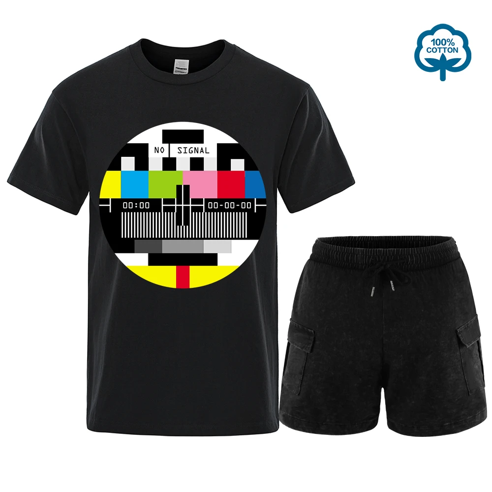 

No Signal Men Tshirt Set Hip Hop Streetwear Tops & Tees Novelty Geometric Short Sleeve Summer Cotton T Shirt Oversize T-shirts