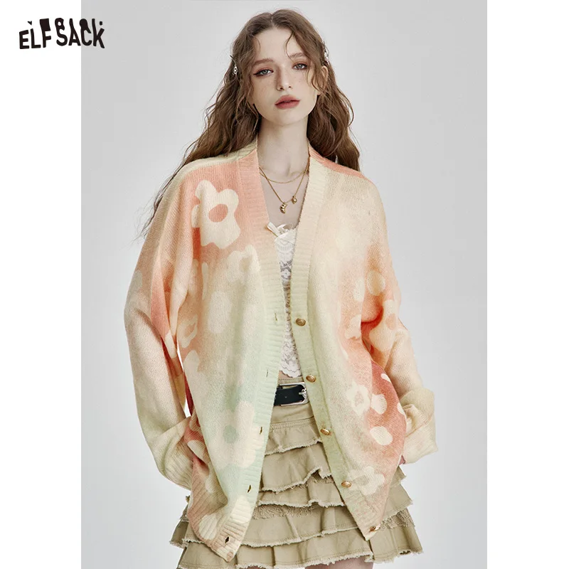 ELFSACK 2025 Spring New Arrivals Sweet Print Gradient Blooming Knitted Cardigan Women Loose V-neck Jacket