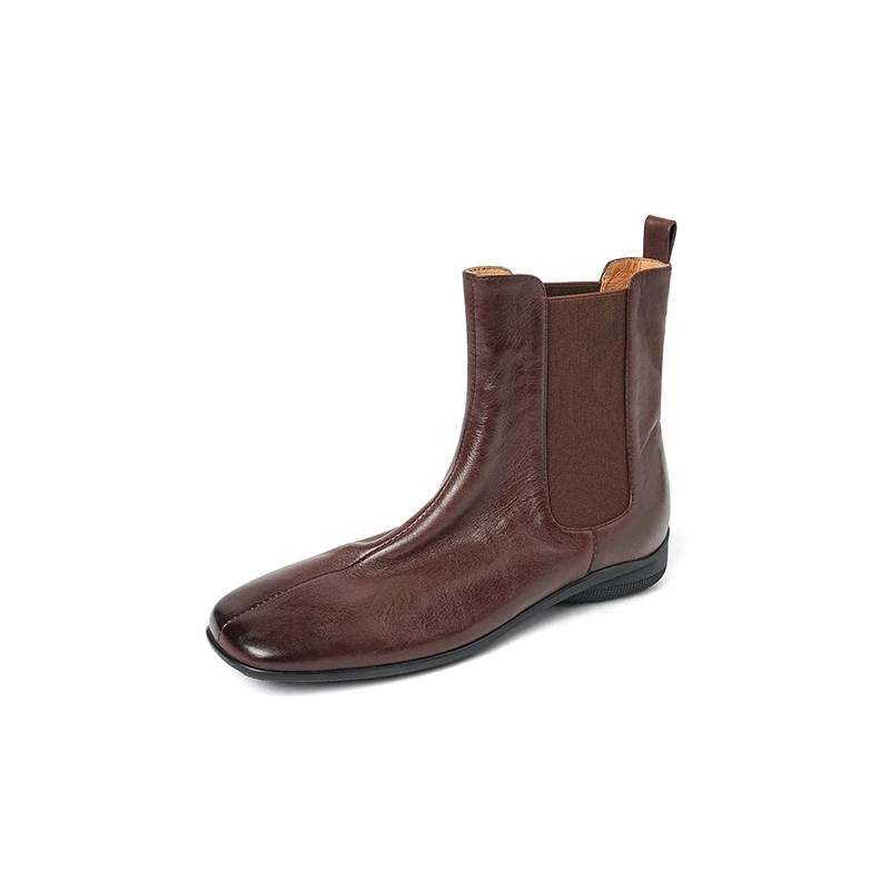 2027 Natural Genuine Leather Women Chelsea Boots Square Toe Med Wedges Heels Retro Short Boots Female Leisure Shoes Winter