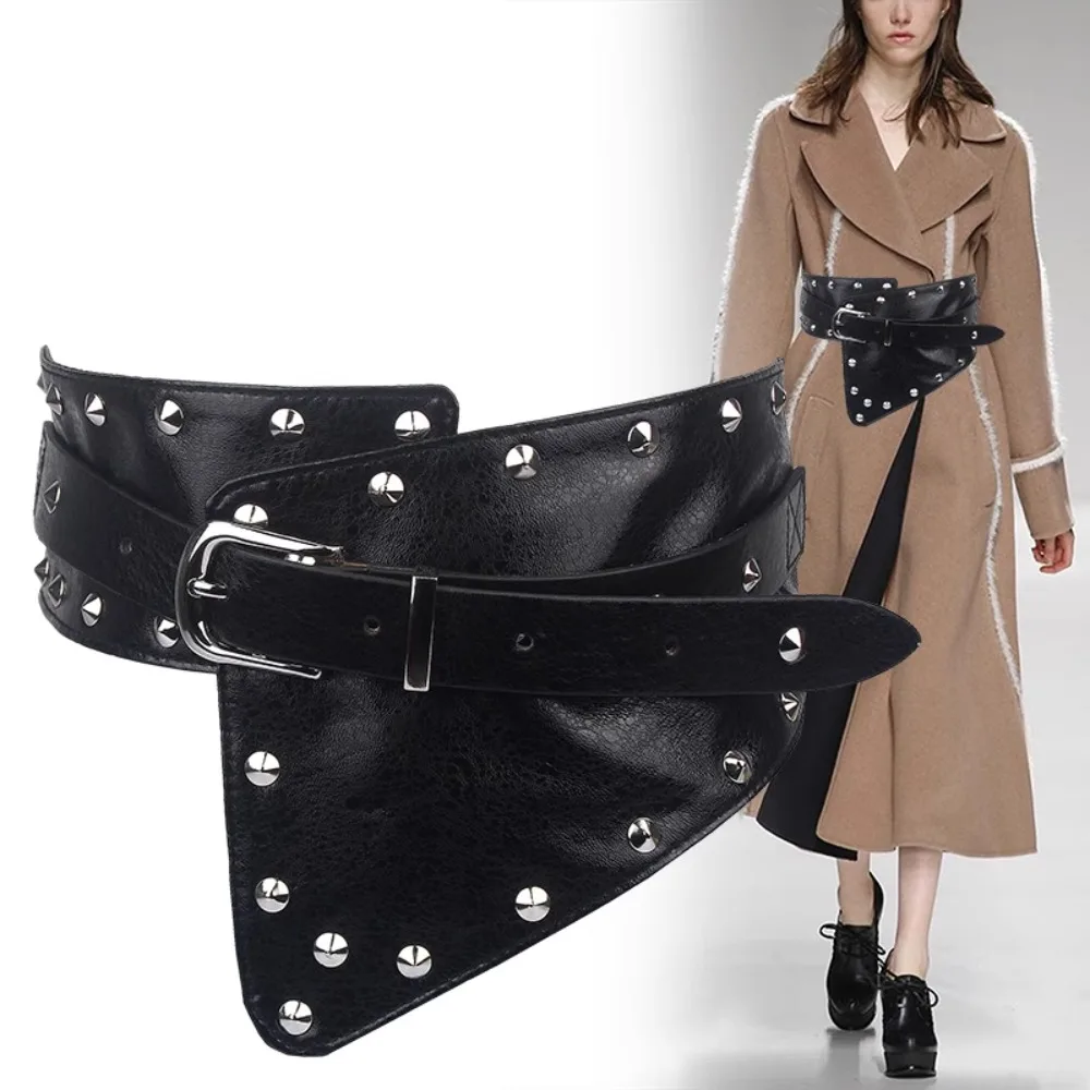 허리 커버 여성용 와이드 탄성 벨트 패션 리벳 장식 코트 벨트 드레스 스웨터 스타일