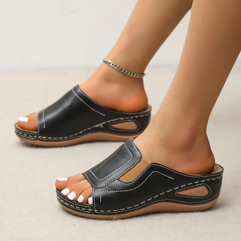 Rimocy Outdoor Casual Wedges Sandals Women 2023 Summer Open Toe Non-slip Beach Slippers Woman Pu Leather Thick Bottom Slides