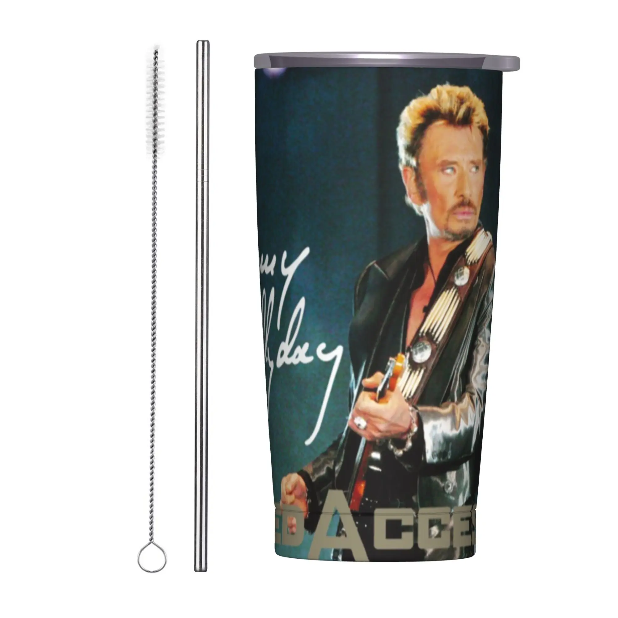 Johnny Hallyday Insulated Tumbler with Lid Rock and Roll Vacuum Thermal Mug Outdoor Travel Hot Cold Drinks Cup, 20oz