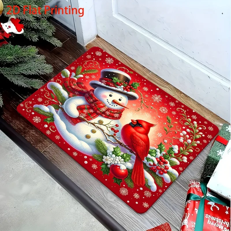 Red Snowman Cardinal Bird Doormat Holly Berry Pine Print Entryway Floor Mat for Front Door Indoor Christmas Home Decor Doormat