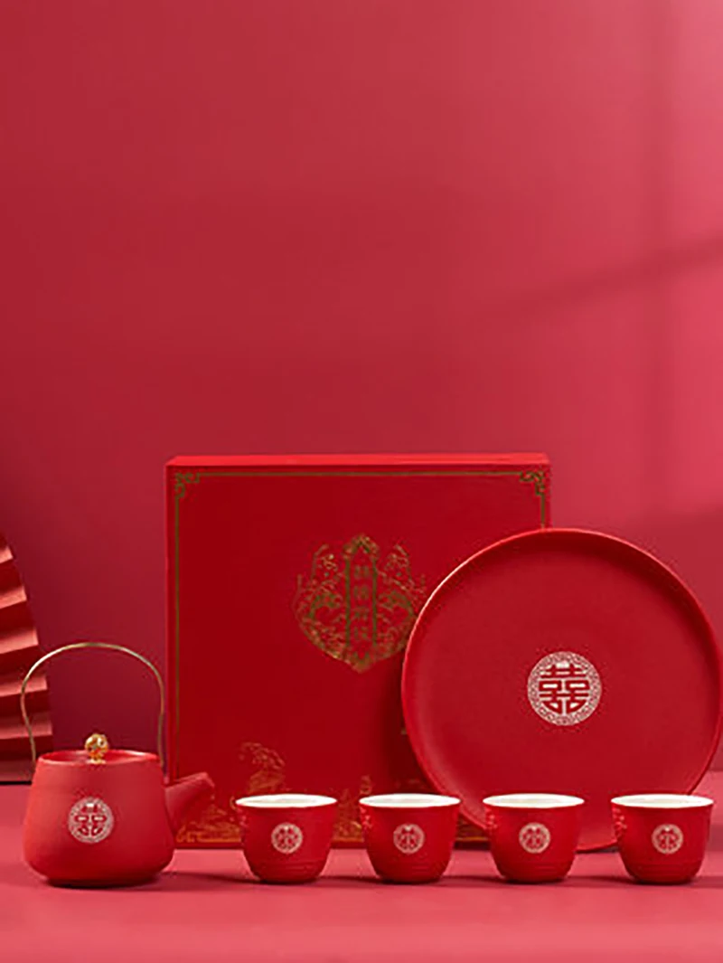 Imagem -03 - Chinês Tradicional Vermelho Duplo Felicidade Bule Chaleira Conjunto de Cerimônia do Chá Presentes de Luxo para Noiva e Noivo Casamento Vermelho