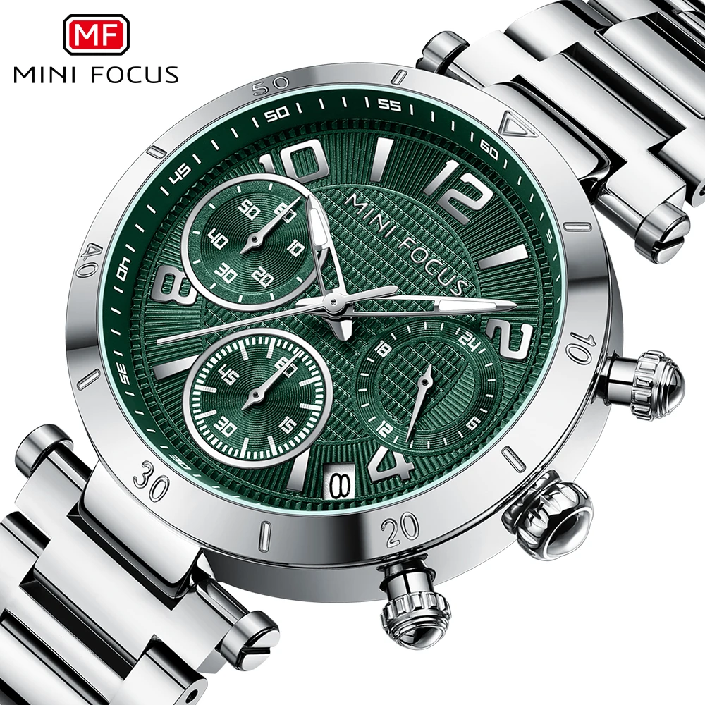 MINI FOCUS Elegant Green Quartz Ladies Watches Top Brand Luxury Multifunction Dial Fashion Women Watch Stainless Steel Band 0489