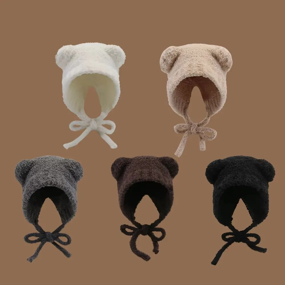 Cute Y2k Bear Ear Wool Hat With Rope Warm Beanies Cap Ear Protection Lace up Winter Hat