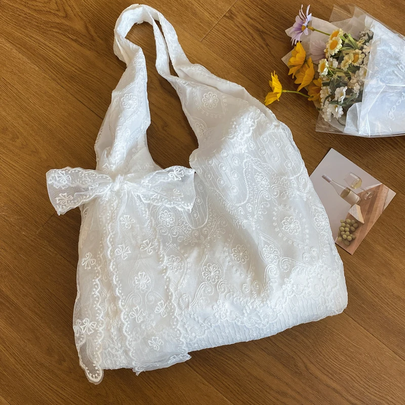 

Корейская женская сумка-тоут большой вместимости с кружевным цветочным узором, на одно плечо, повседневная, однотонная