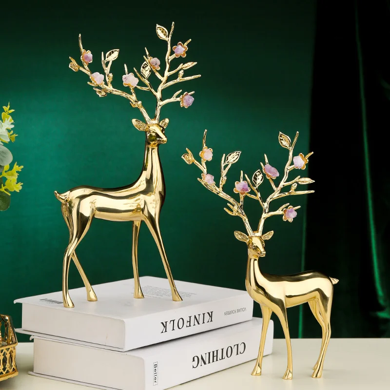 Luxury Copper Deer Figurine Creative Metal Ornament Home Decor Gift for Living Room Office Desk Tabletop Decoration