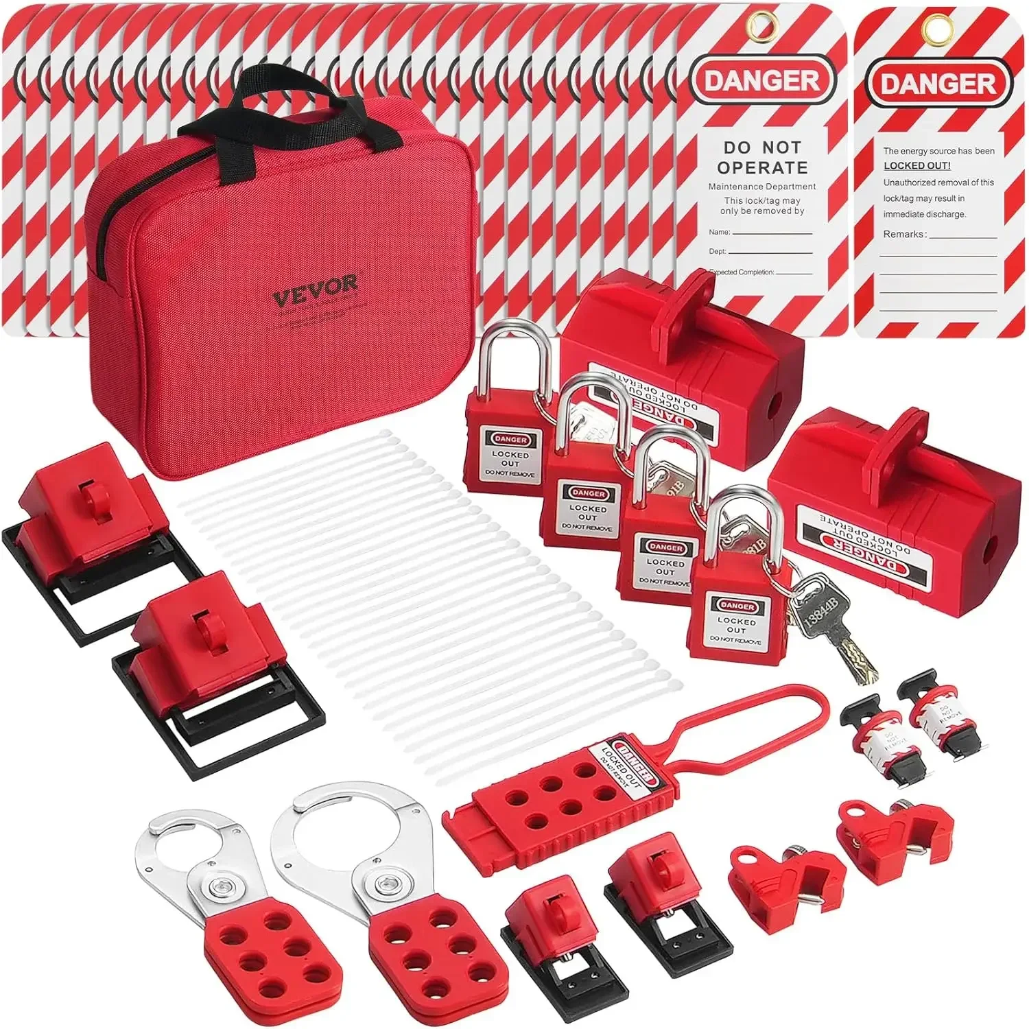 

Electrical Lockout Tagout Kit, Includes Padlocks, Hasps, Tags, Nylon Ties, Plug Lockouts, Circuit Breaker Lockouts, Carrying Bag