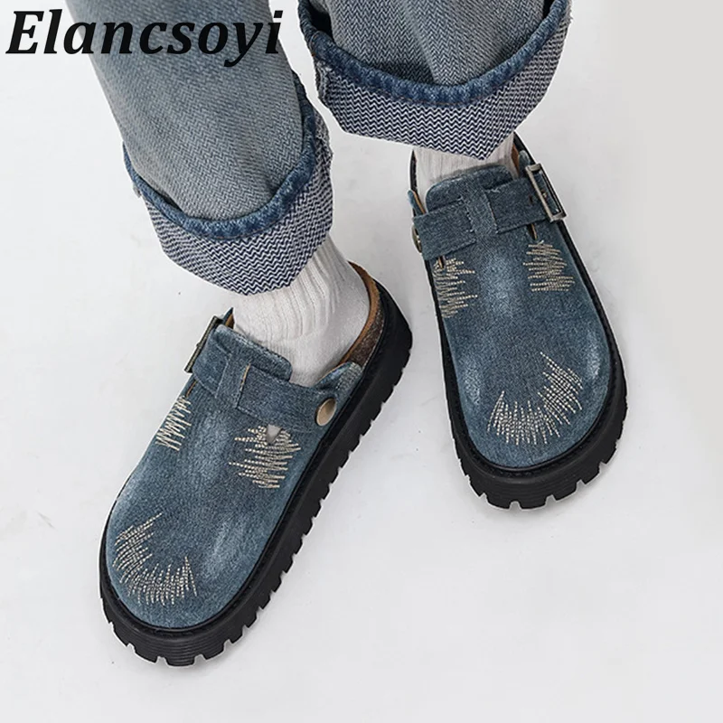 Spring Autumn Cowboy Fabric Crystal design Slippers platform Increase Buckle Strap Slices Leisure Vacation Beach shoes unisex