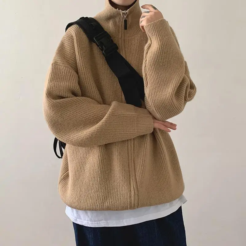 Autumn Winter KPOP Fashion Style Harajuku Slim Fit Tops Loose Casual All Match Outerwear High Collar Zipper Cardigan Sweaters