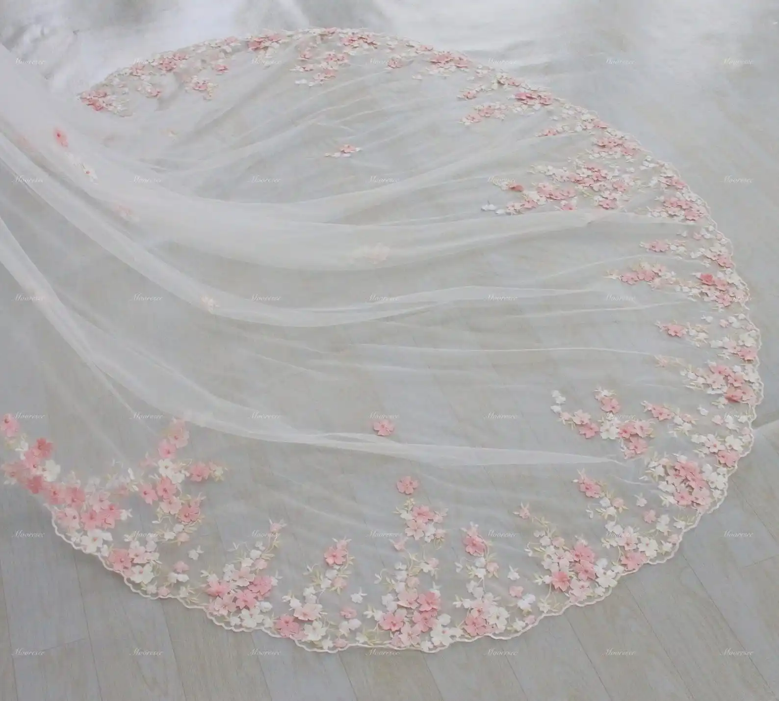 

1T Garden Lace Cathedral White Ivory Tulle Wedding Veil Pink Floral Lace Veil Embroidered Floral Lace Bridal Veil with Comb