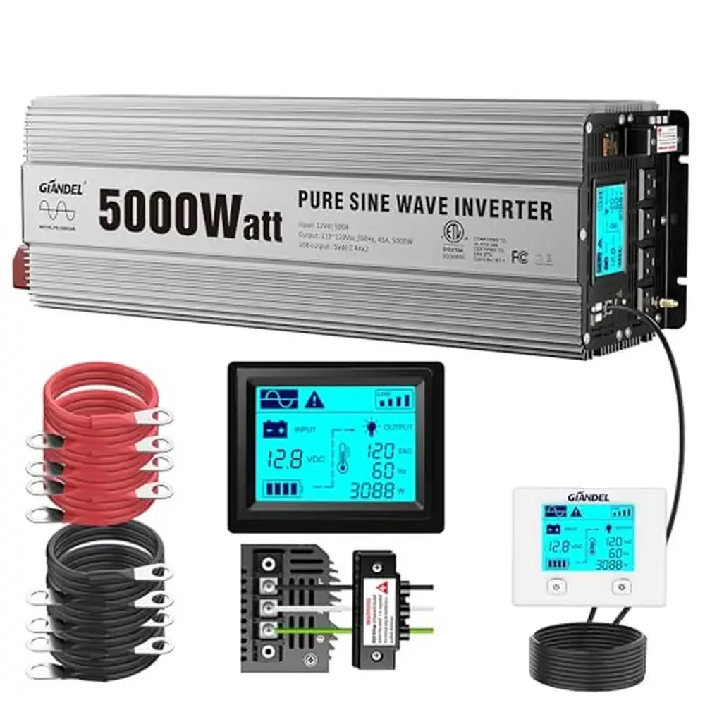 5000W Heavy Duty Pure Sine Wave Power Inverter ETL UL458 Listed 12V DC to 110V 120V AC with Remote Control & Terminal Blocks.