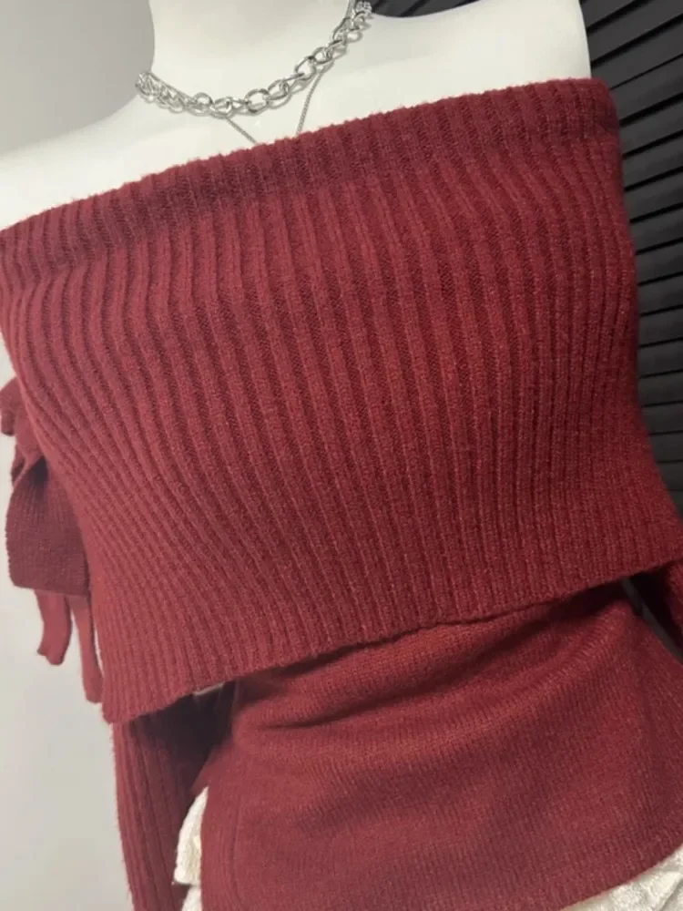

Red Loose Fitting Pullover Set For Women'S Spring And Autumn New Style Off Shoulder Bow Sweater Paired With Cake Skirt Two-Piece
