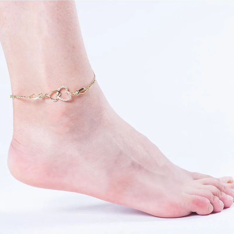 dainty Anklets Women non tarnish Double Hearts Hollow Out Rock anklets Plated Cz Double Anklets for women fashion jewelry