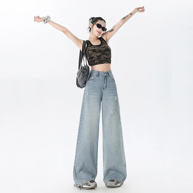 

Джинсы с прямыми штанинами, женские повседневные свободные брюки с высокой талией, винтажные потертые широкие длинные брюки, брюки y2k