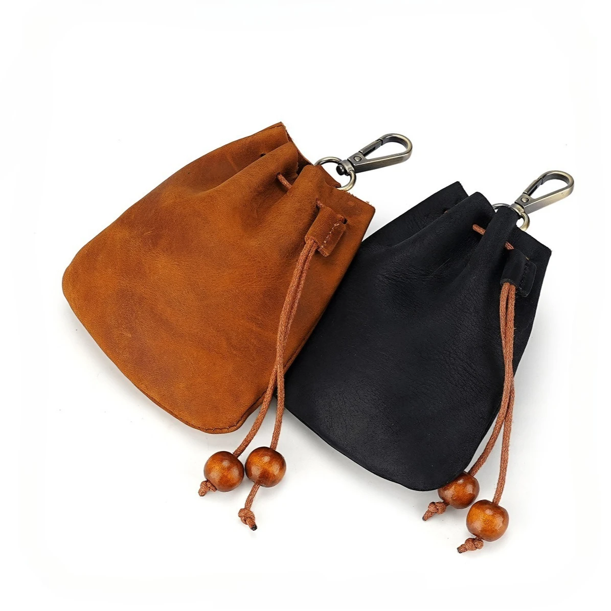 Metal Lobster Hook Coin Purses for Men and Women,Leather Drawstring Pouch with Wooden Beads Coin Bag for Keys Cards Coins