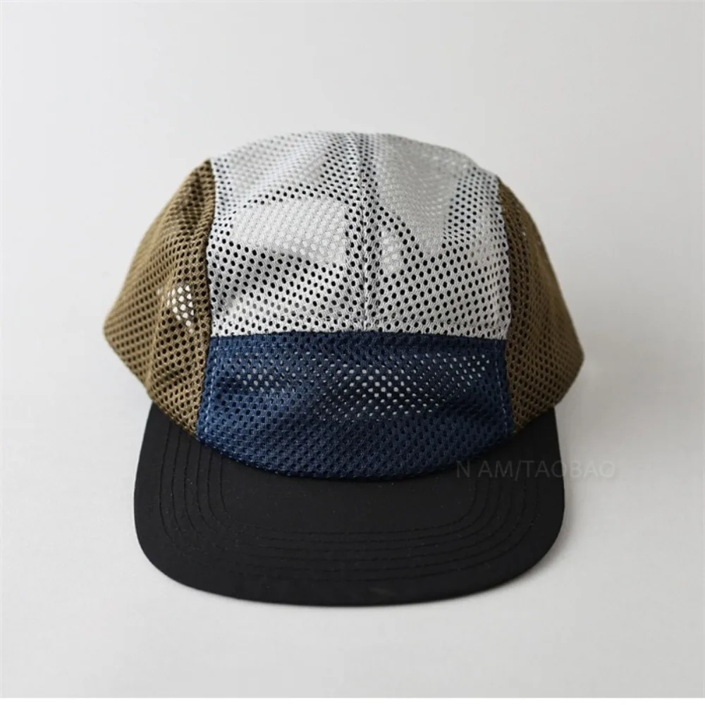 Gorra de béisbol de malla Retro de estilo japonés, gorra con visera de 5 paneles de ala plana, gorra transpirable ajustable de secado rápido, Unisex