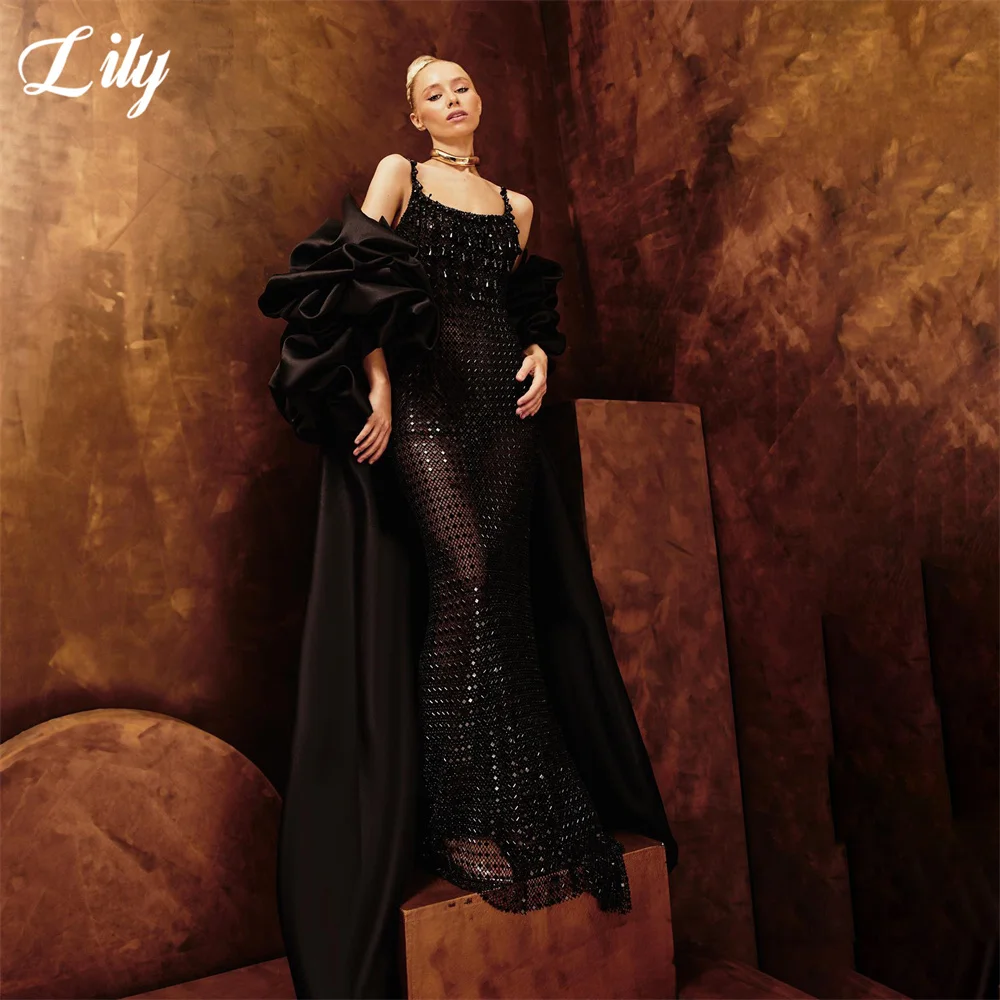 Lily Black Unique Evening Dress Spaghetti Strap Formal Gown Full Beaded Night Dresses Detachable Train Prom Dresses Customized