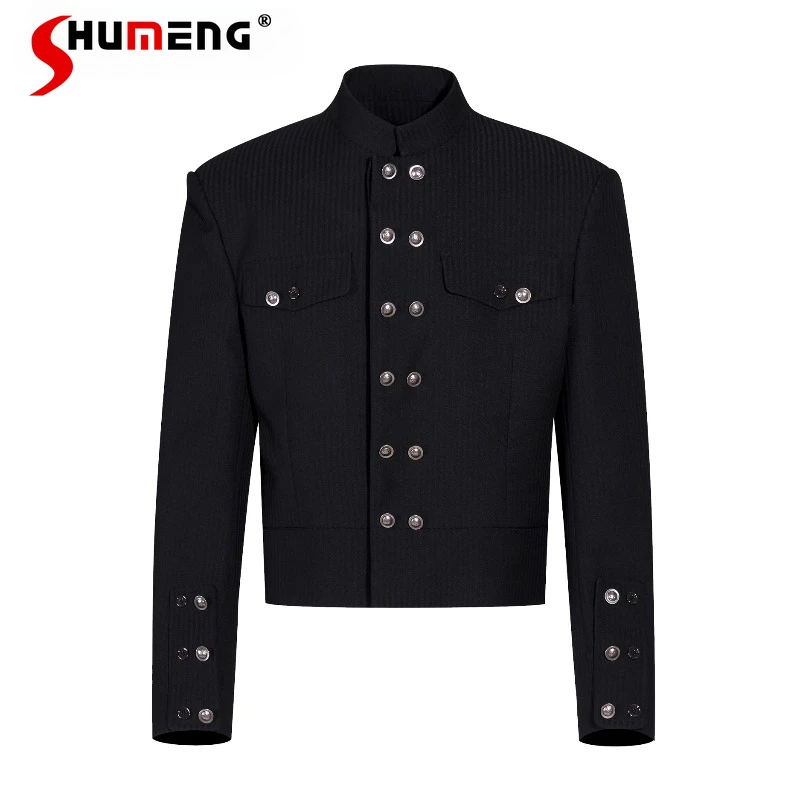 

Men's High-End Vertical Striped Suit Jacket 2025 Autumn New Men's Double-Breasted Tailored Coats Stand Collar Blazers Men's Sets