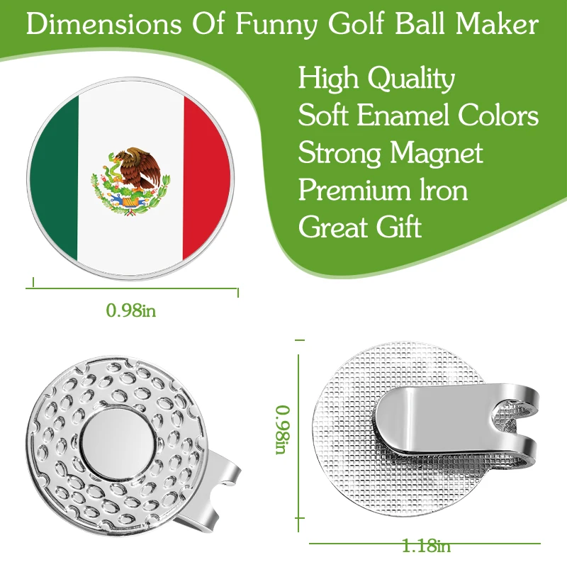 Golf Ball Magnetic Hat Clip Mexican Flag Color Metal Baseball Cap Clips Golf Supplies Ball Marker Clip Gifts for Husband Son