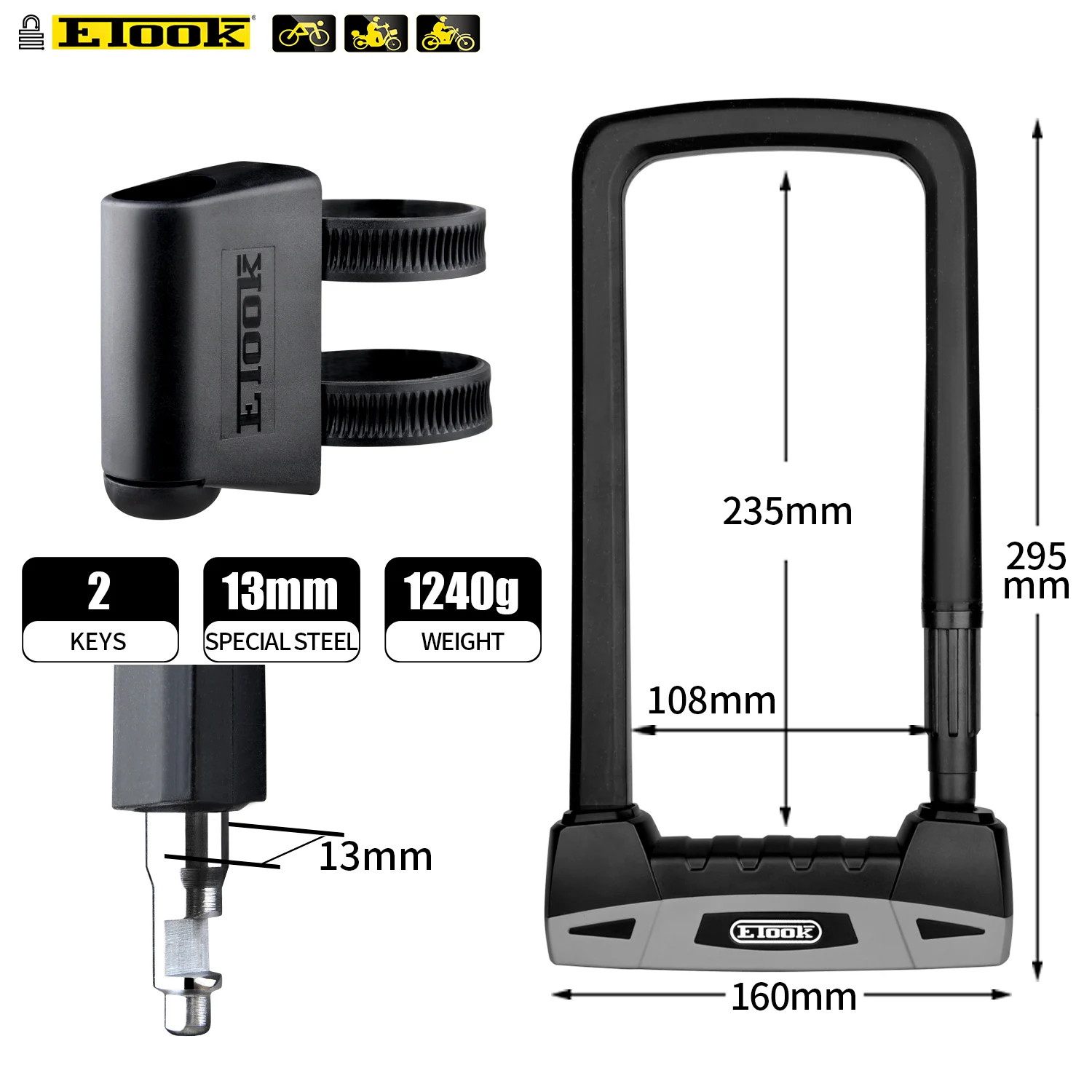 Etook Bicycle Lock U-lock Heavy Duty Anti Theft Motorcycle Scooter Lock MTB Bike Lock Anti Theft with Key Bicycle Accessories