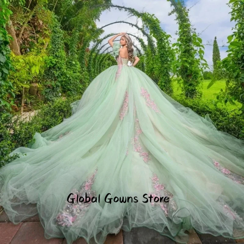 Verde quinceanera vestidos de baile querida tule apliques pérolas doce 16 vestidos 15 anos personalizado