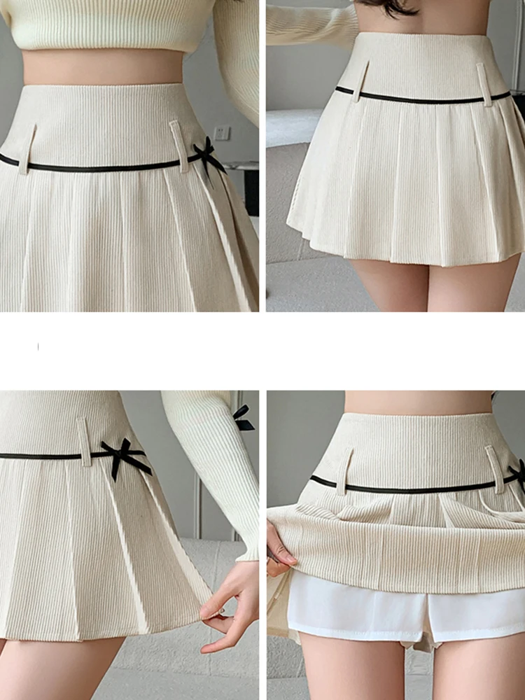 جميلة نمط الخريف الشتاء الرجعية مطوي تنورة مع القوس عالية الخصر عادية لطيف الحلو Jk سروال قصير التنانير القصيرة الإناث #6
