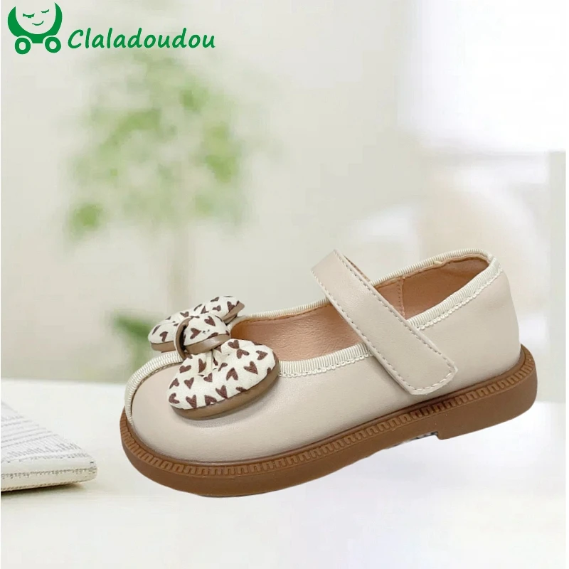 

Claladoudou Girls Leather School Shoes With Lace Bowtie-knot, Solid Brown Beige Small Girls Autumn Shoes,Soft Kid Princess Flats