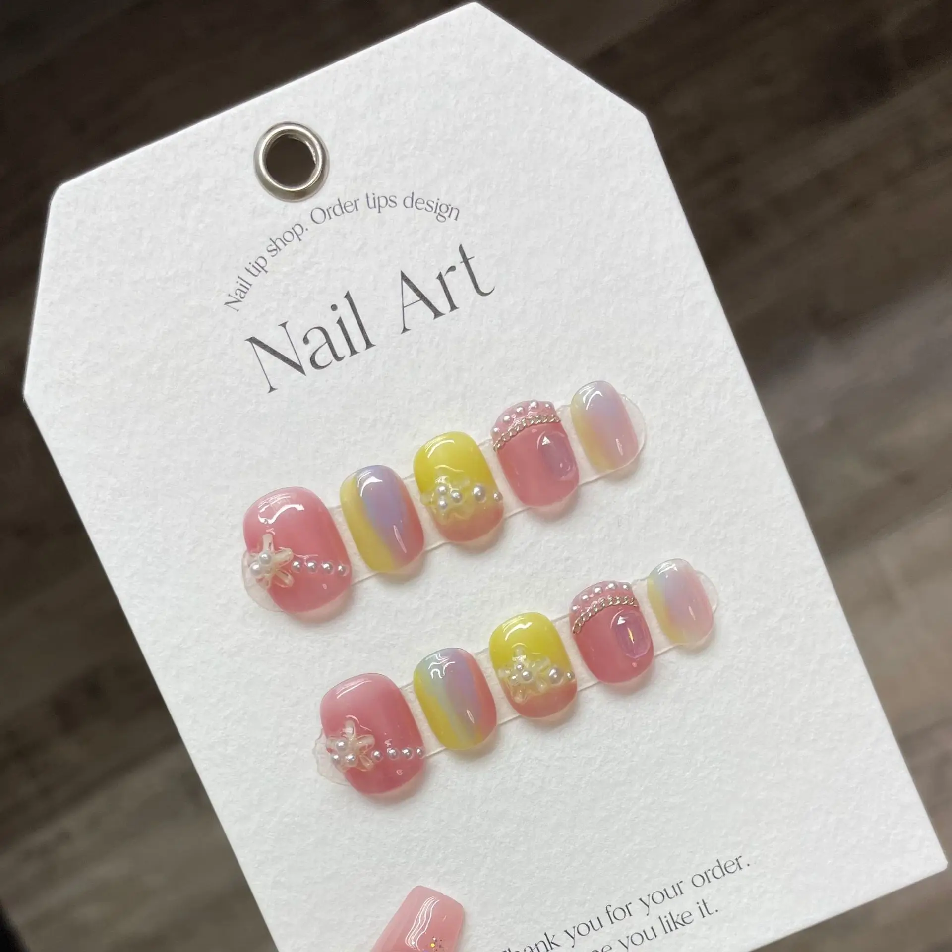 

10 PCS Luxury Handmade Press on Nails Short Circle Pearl Flower Design False Nails with 4-PIECE Tool Adhesive Nail Glue Tabs