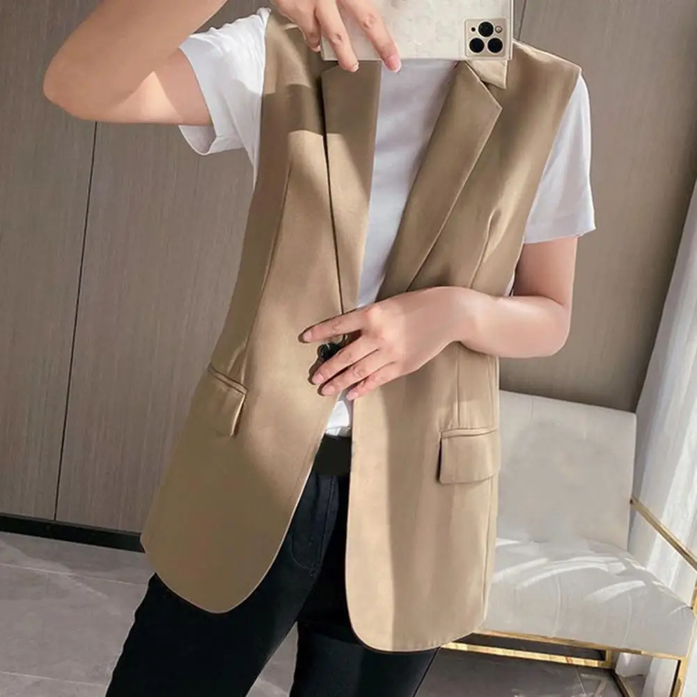 Women Stylish Sleeveless Women's Vest with Turn-down Collar Back-slit Design Elegant Office Suit Jacket for Summer