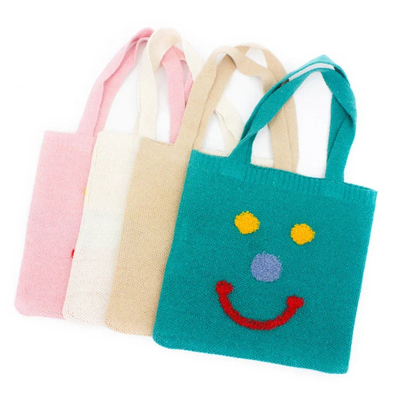 Female Korean Fashion Smiling Face Embroidery Crochet Big Capacity Tote Bag 2024 Japanese Trend Woven Knitted Stylish Pouch Bag