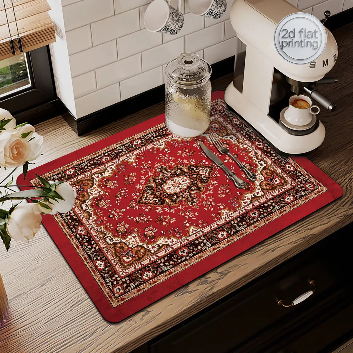 1pc Coffee Machine Mat, Dish Drying Mat - Premium Persian Carpet Red Pattern - Kitchen Countertop Protector, Dishwashing Mat, Su